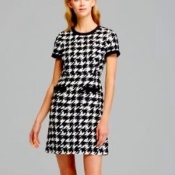 Kate Spade Women's Houndstooth Sheath Mini Dress Short Sleeve Size 0 Bla… - Picture 1 of 16